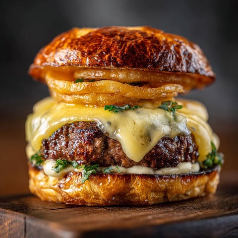 A burger with cheese and sauce.