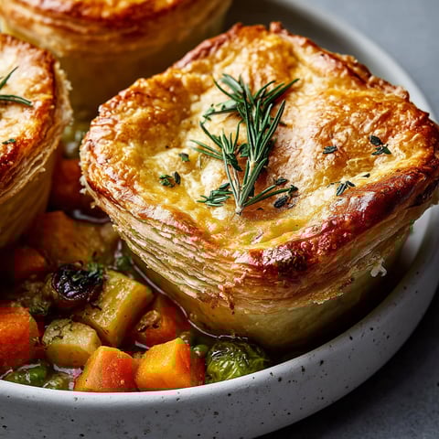 Three pot pies filled with roasted autumn vegetables.