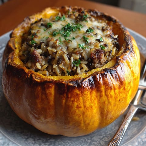 A stuffed pumpkin with sausage and wild rice.