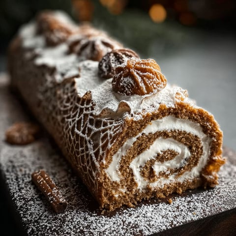 A gingerbread yule log on a table.