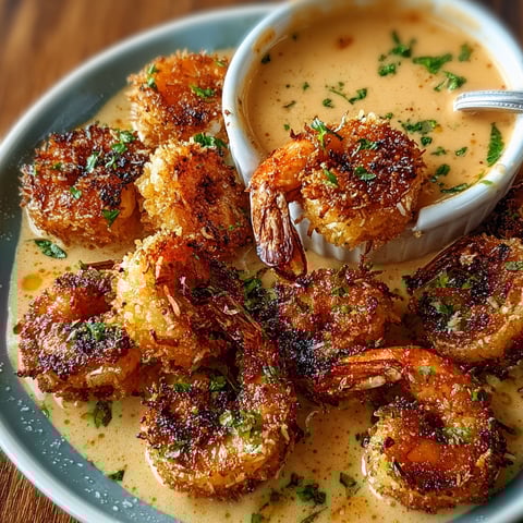 A plate of baked coconut shrimp with sweet chili mayo.