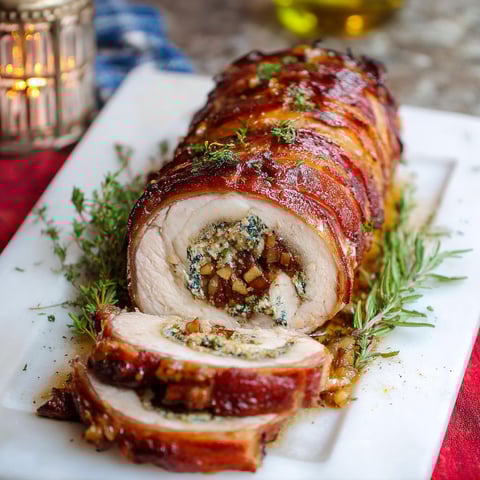 A stuffed pork loin with bacon and onions.