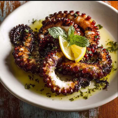 Grilled octopus with lemon and mint.