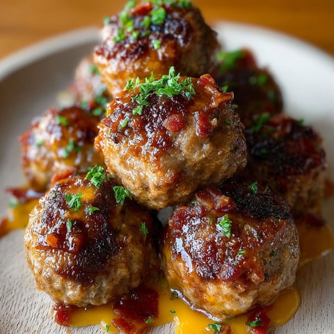 Meatballs covered in bacon and bourbon sauce.