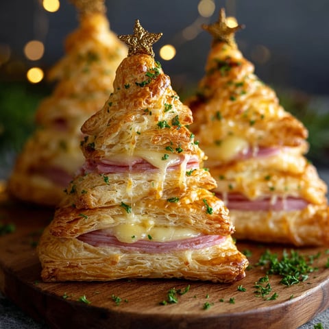 Three pastry trees with ham and cheese puffs on top.