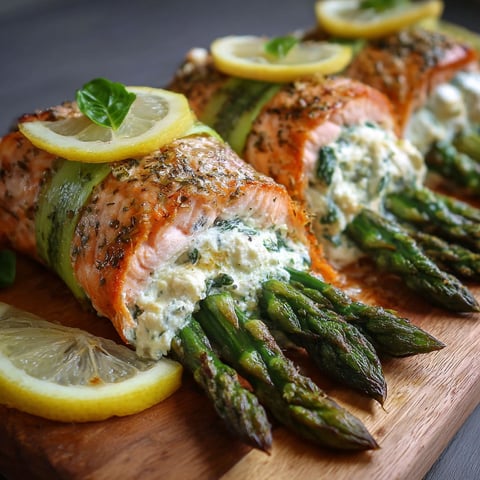 A plate of food with asparagus and lemon basil ricotta stuffed salmon rolls.