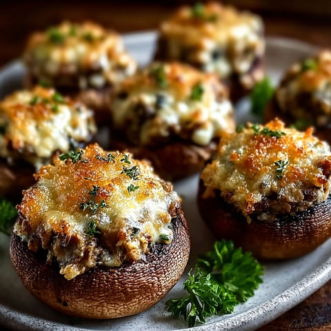 A plate of stuffed mushrooms with cheese and herbs.