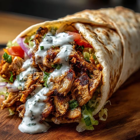 A delicious chicken shawarma with creamy garlic sauce.