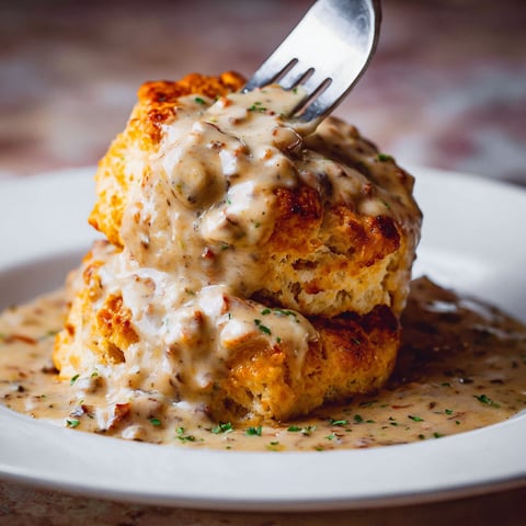 A plate of biscuits and gravy.