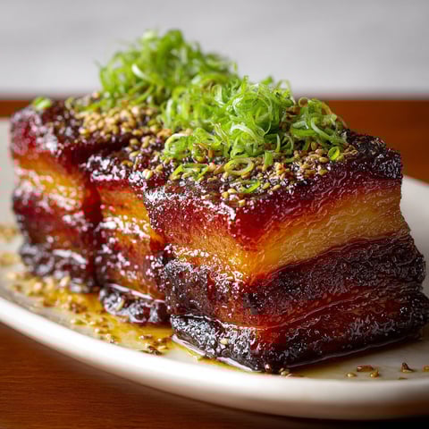 A plate of caramelized honey glazed pork belly.