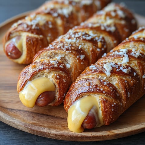 Two cheesy pretzel dogs on a wooden platter.