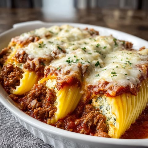 A dish of manicotti with meat sauce and cheese.