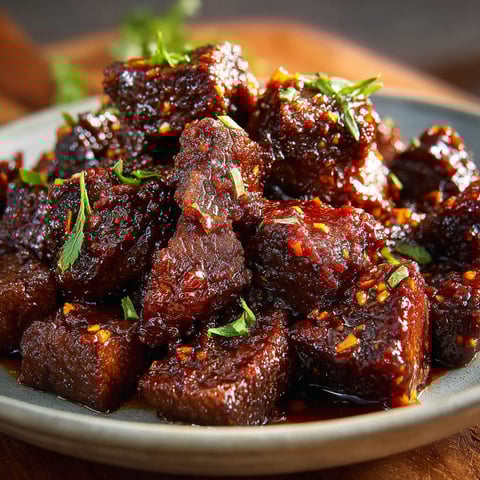 A plate of glazed sticky beef bites.