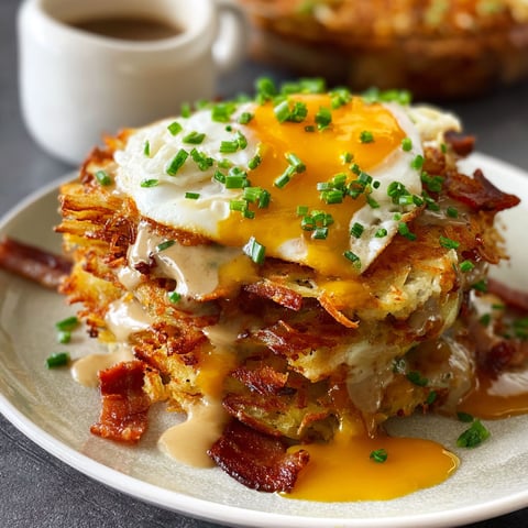 A stack of hash browns with an egg on top.
