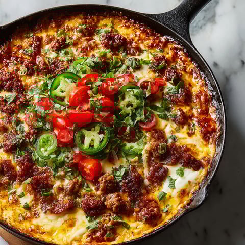 A delicious queso fundido with chorizo, green chilis, and fresh toppings.