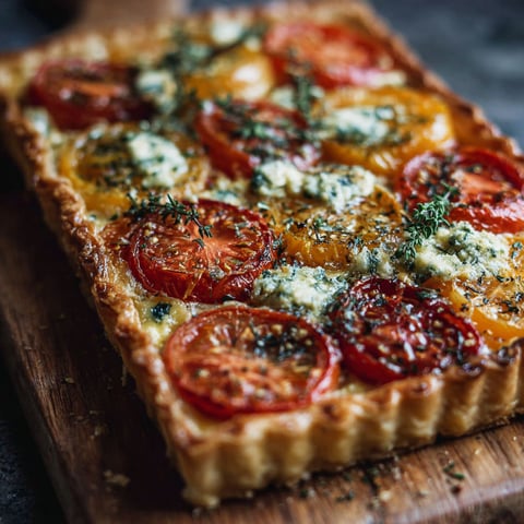 A close up of a tomato tart with herbed cheese.