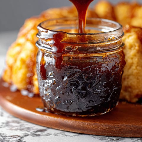 A jar of whiskey glaze is poured over a piece of cake.