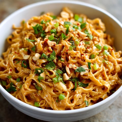 A bowl of spicy peanut butter noodles.