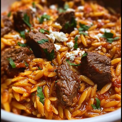 A bowl of beef giouvetsi with rice and herbs.