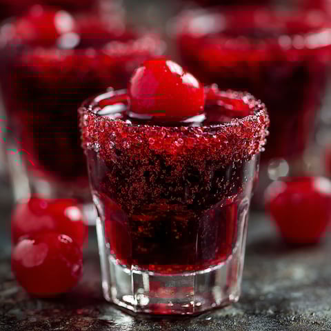 A glass of cherry shots with a cherry on top.