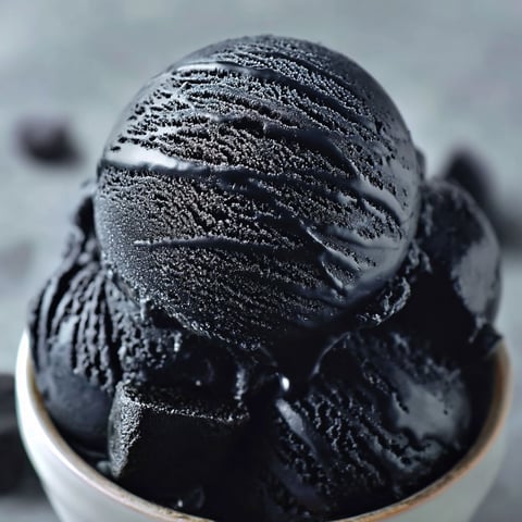 A scoop of black licorice ice cream in a bowl.