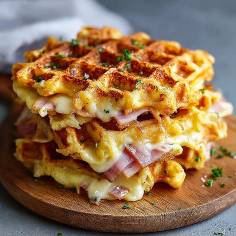 A stack of ham and cheese waffles.