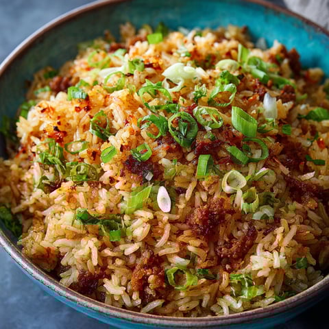 A bowl of rice with green onions and red peppers.
