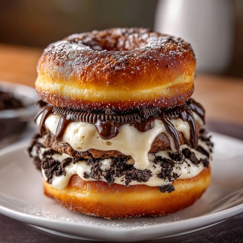 A burger made of a donut with an Oreo cheesecake filling.