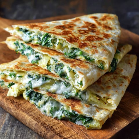 A stack of quesadillas with spinach and artichoke.