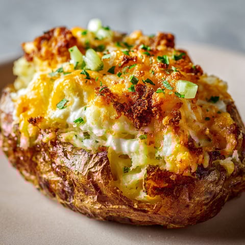 A baked potato with cheese and green onions.