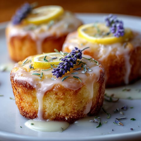 Three mini lemon cakes with lavender glaze.