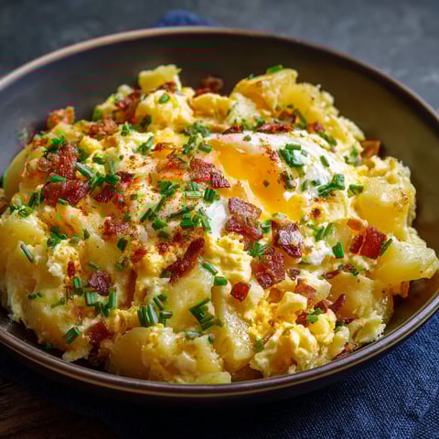 A bowl of scrambled eggs with bacon and potatoes.