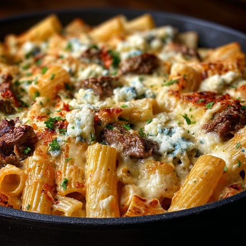 A delicious steak and blue cheese rigatoni bake.