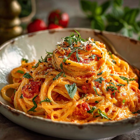 A bowl of pasta with tomatoes and garlic.