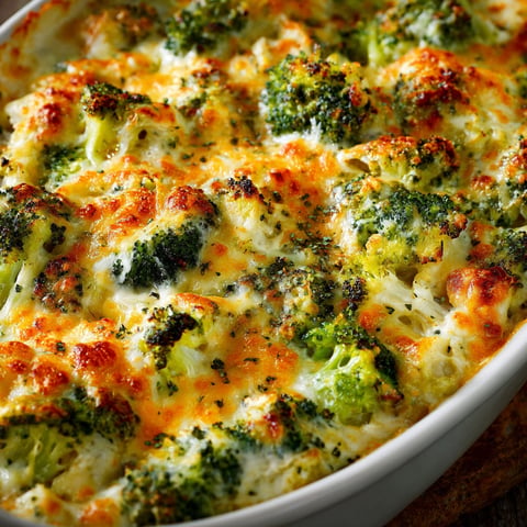 A close up of a broccoli cheese casserole.