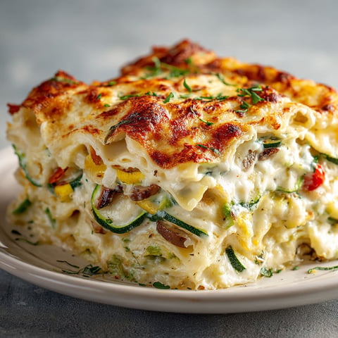 A white plate with a loaded veggie white lasagna.