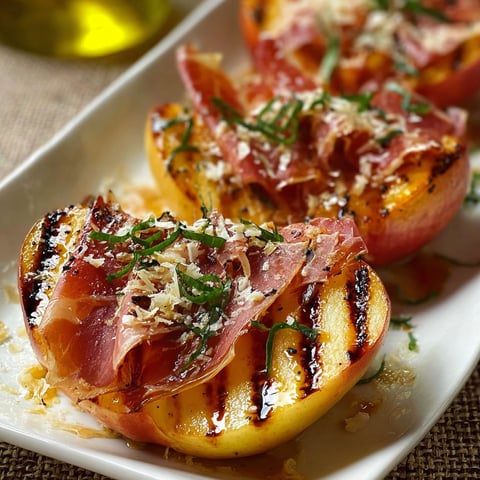 A plate of grilled apples with prosciutto and honey.