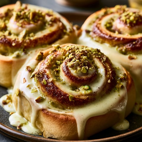 A plate of warm pistachio cream cinnamon rolls.