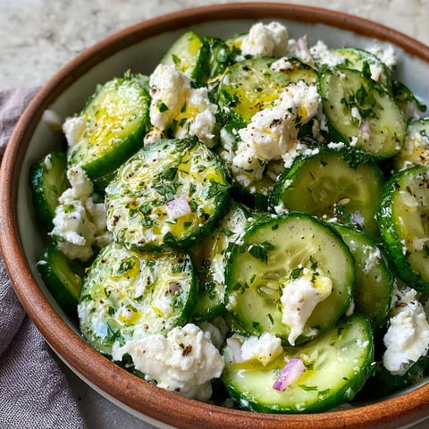 A bowl of cucumber salad with feta cheese.