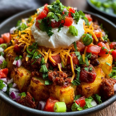 A loaded potato taco bowl with cheese, tomatoes, and onions.