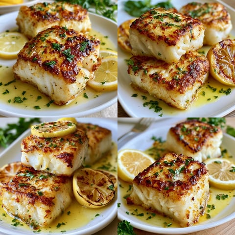 A plate of seafood with lemon and herbs.