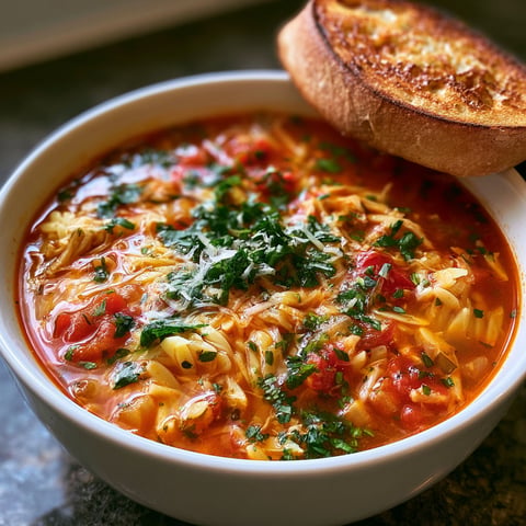 A bowl of soup with a piece of bread on top.