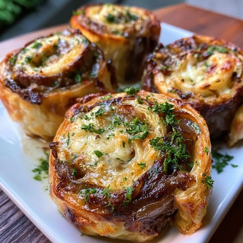 French onion steak pinwheels on a white plate.