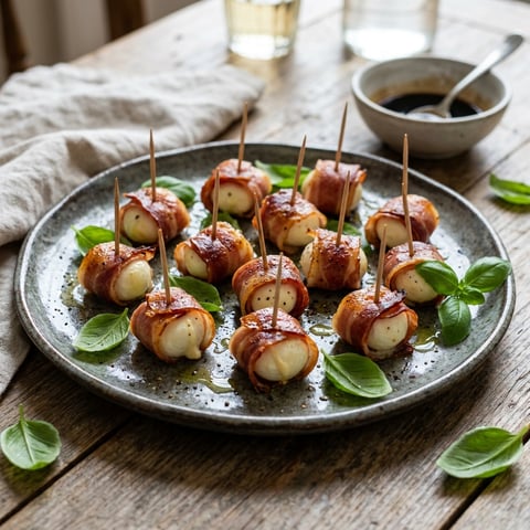 A plate of irresistible prosciutto wrapped mozzarella bites.