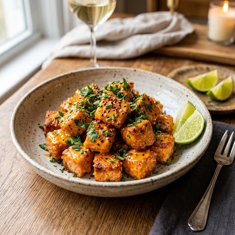 A bowl of crispy bang bang salmon bites.