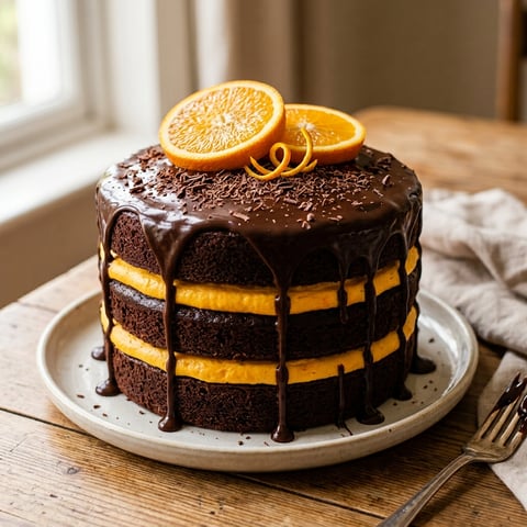 A chocolate cake with orange slices on top.