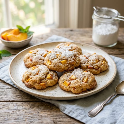 A plate of peach cookies with powdered sugar on top.