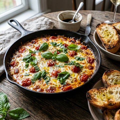 A pan of Caprese dip with bread and a wine glass.